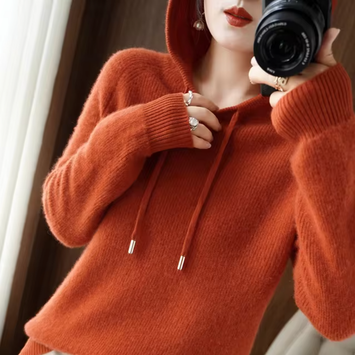 Women's Knitted Hooded Sweater with Drawstrings, Relaxed Fit in Orange