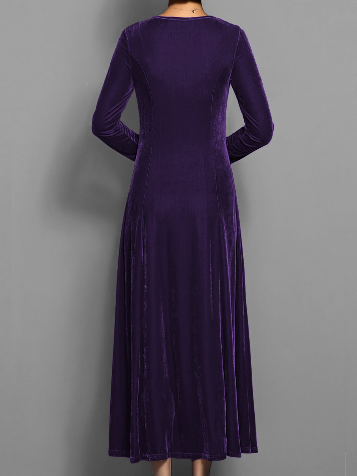 Women's Flared Maxi Dress with Round Neck and Gathered Sleeves in Purple