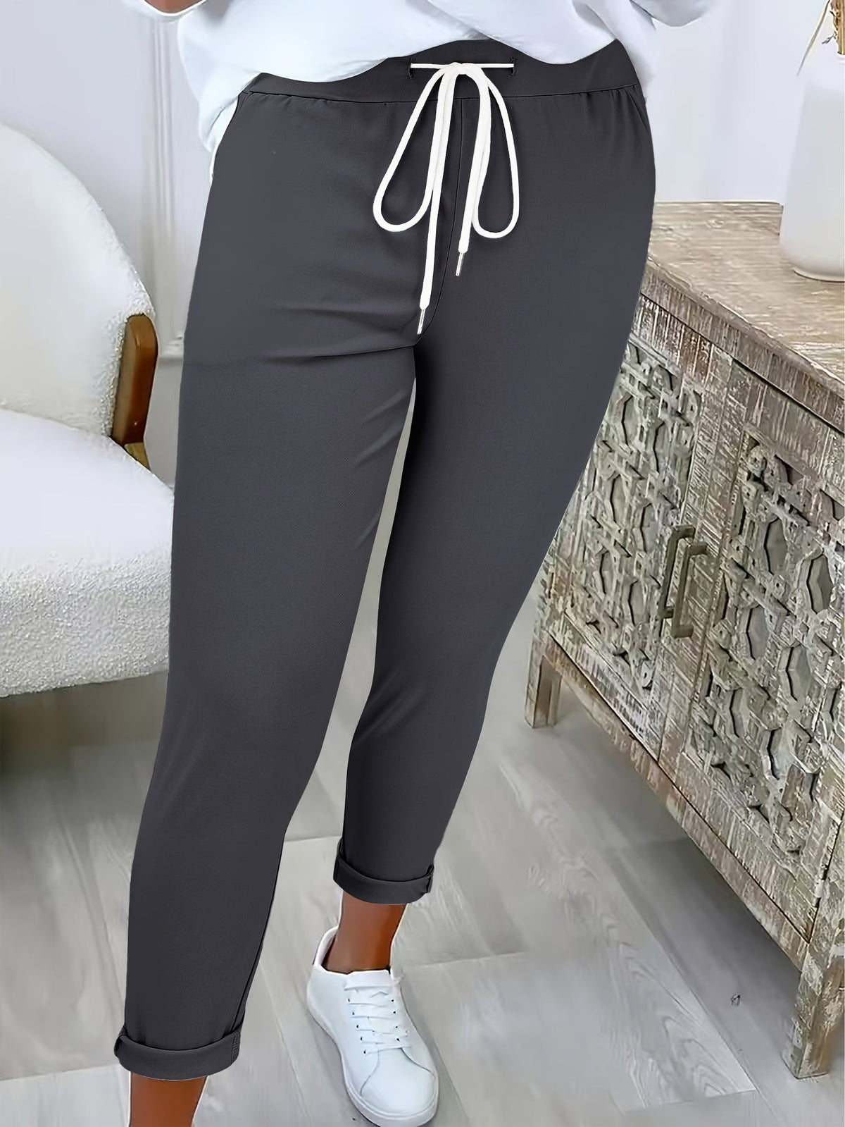 Women's Joggers with Tie Waist and Turn-Up Cuffs in Dark Grey