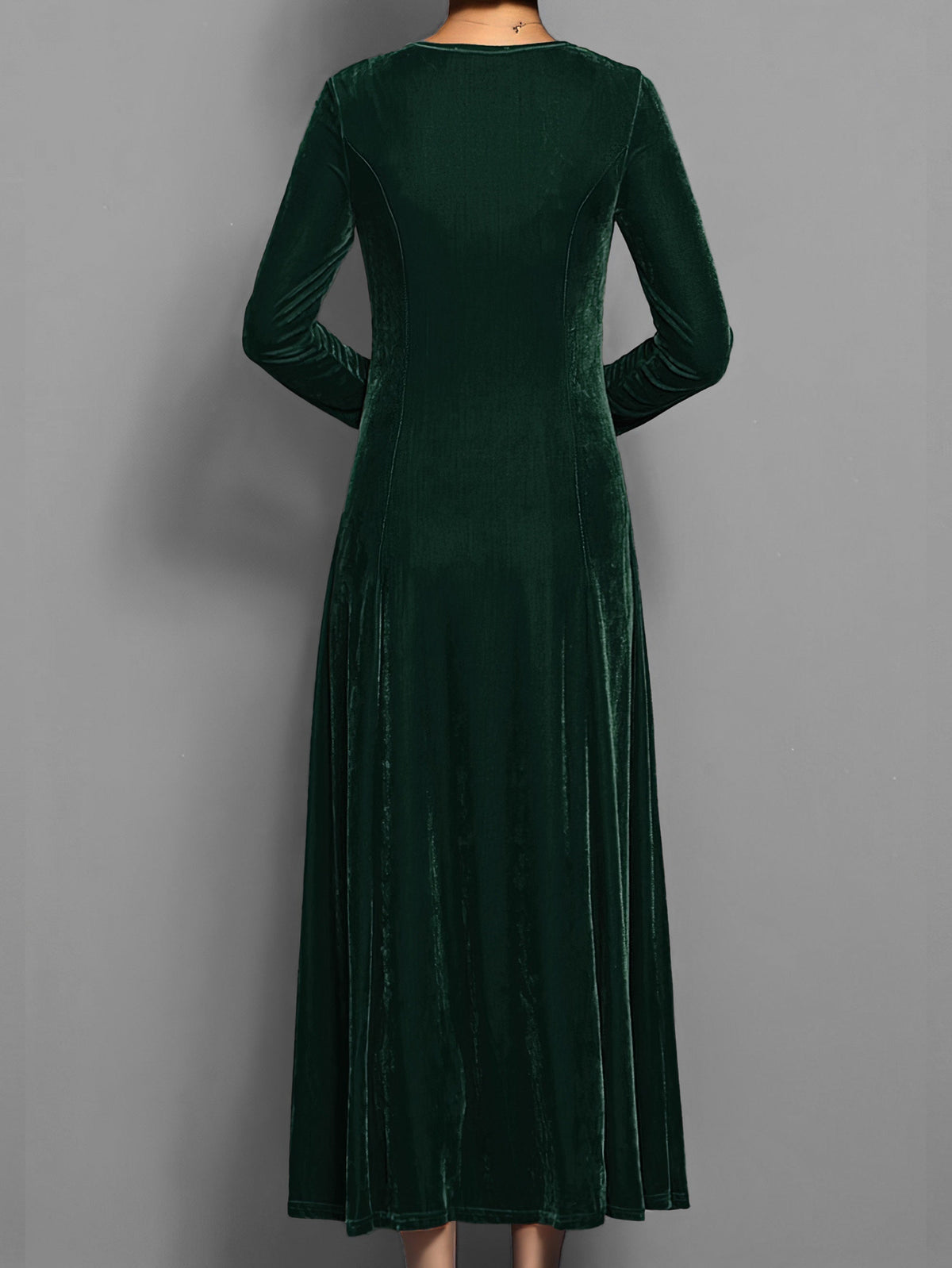 Women's Flared Maxi Dress with Round Neck and Gathered Sleeves in Green