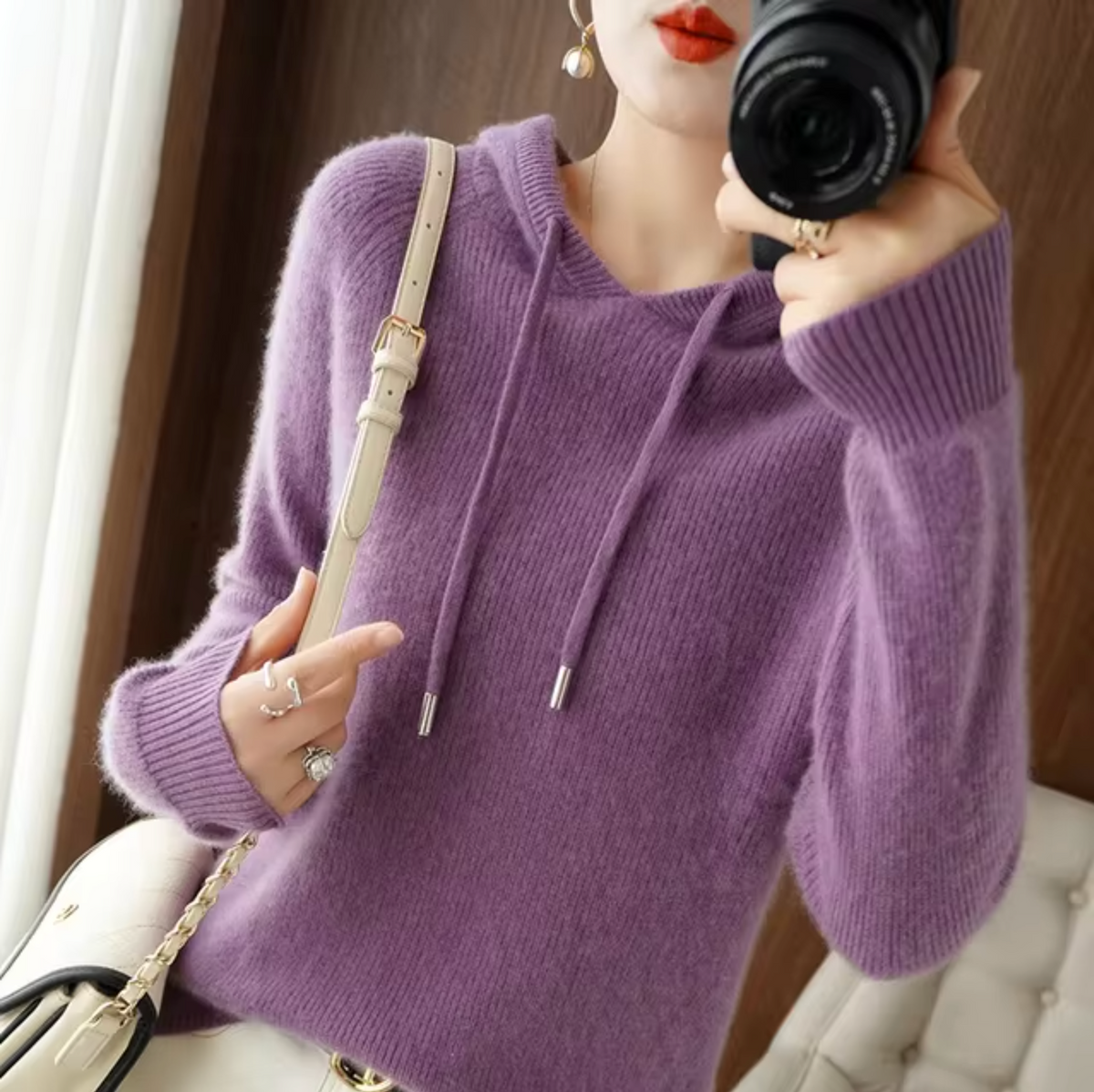 Women's Knitted Hooded Sweater with Drawstrings, Relaxed Fit in Purple