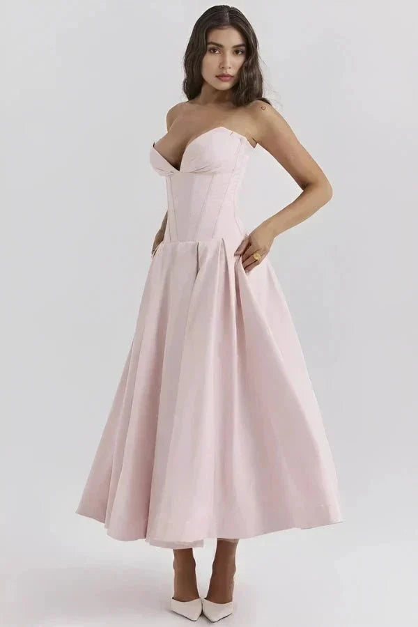 Women's Strapless Midi Dress with Sweetheart Neckline, Full Skirt in Pink