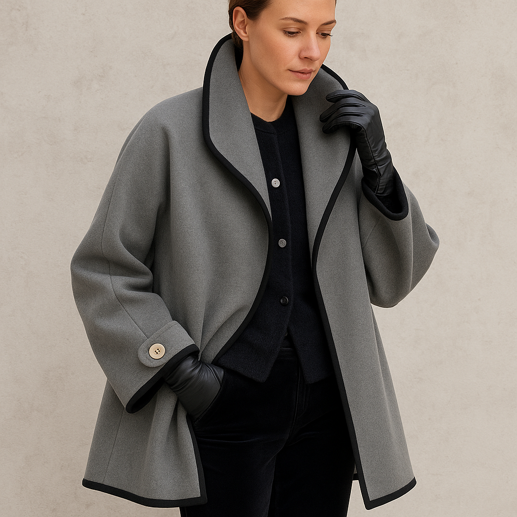 Women's Coat with Wide Lapels and Contrast Piping in Grey