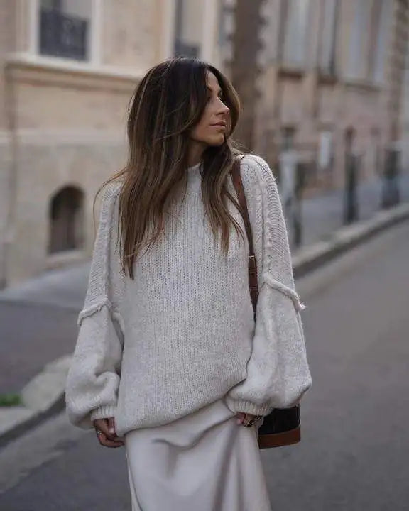 Women's Oversized Jumper with Wide Balloon Sleeves in White