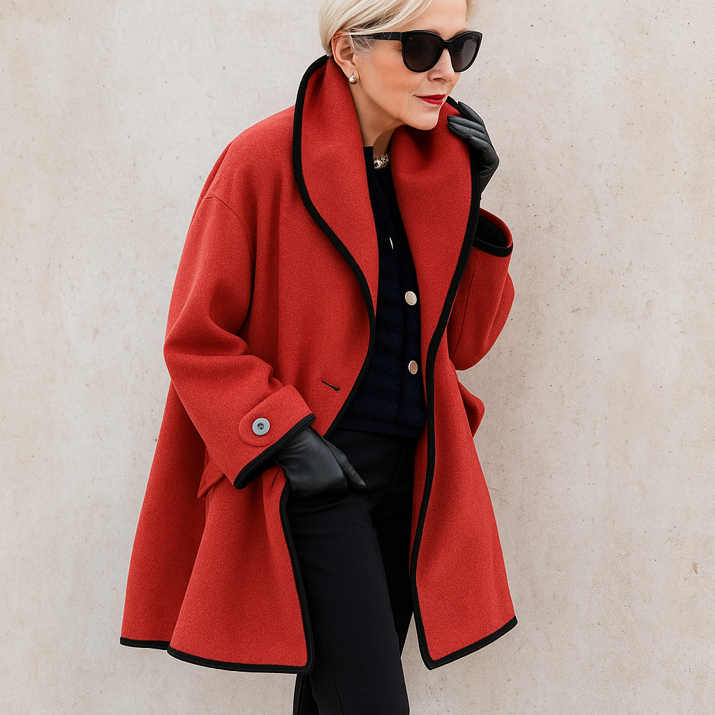 Women's Coat with Wide Lapels and Contrast Piping in Red