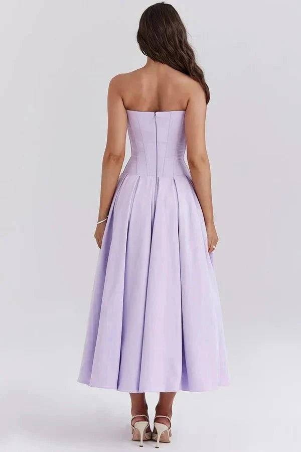 Women's Strapless Midi Dress with Sweetheart Neckline, Full Skirt in Lilac