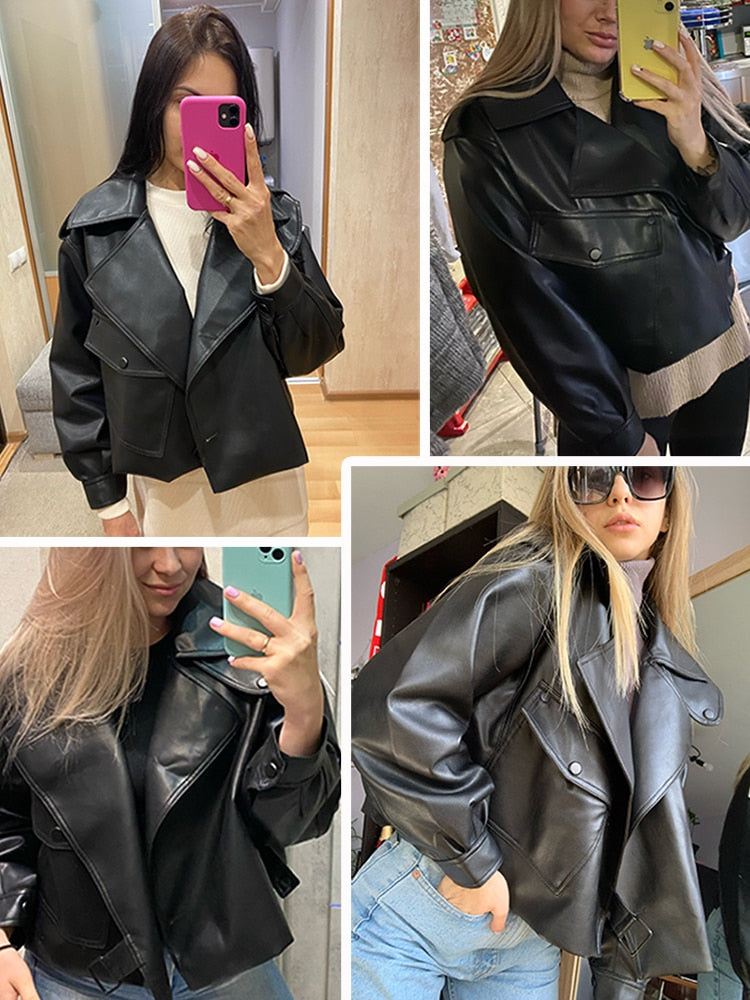 Women's Cropped Jacket with Wide Lapels and Hem Belt in Black