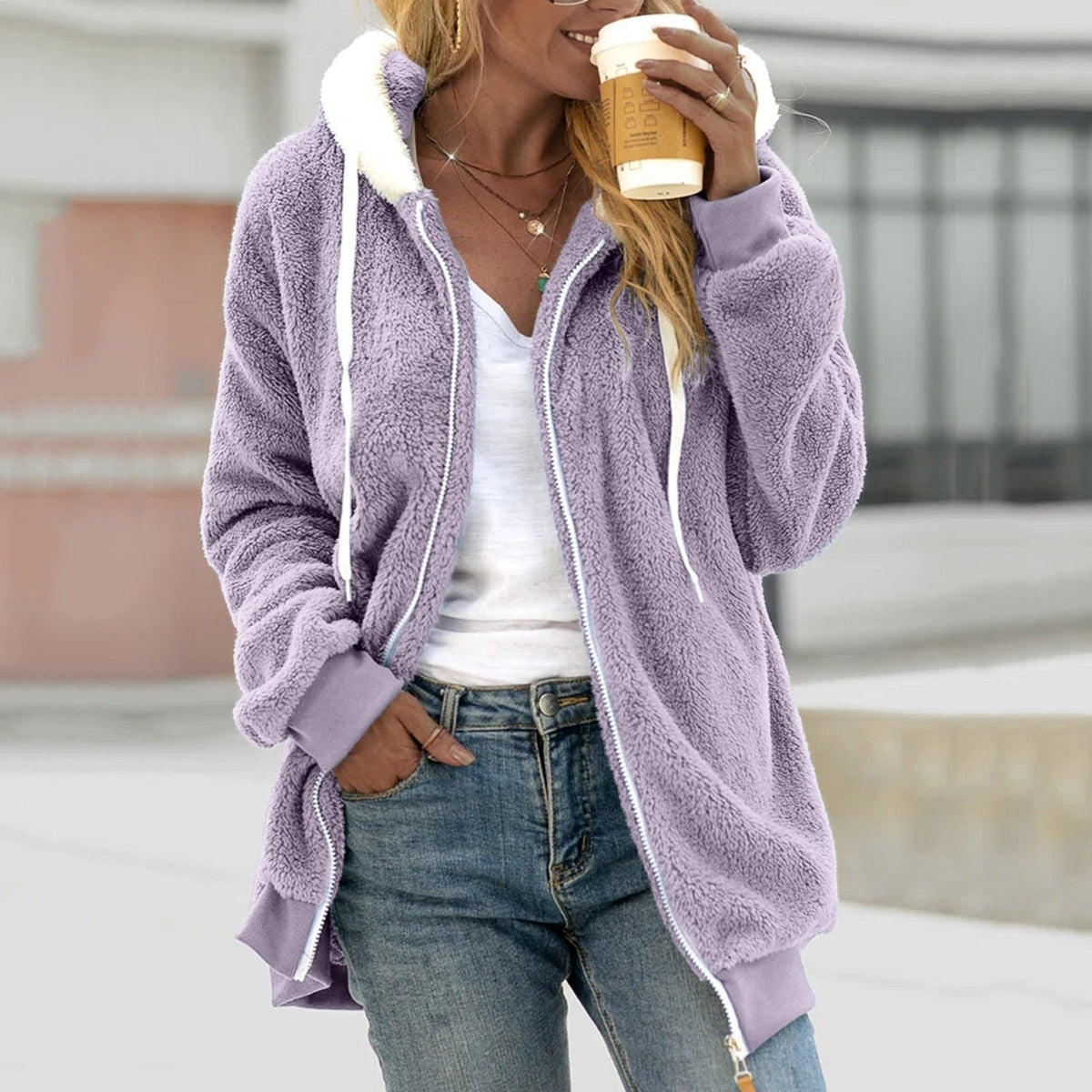 Women's Long Fluffy Jacket with Drawstring Hood and Zip in Purple
