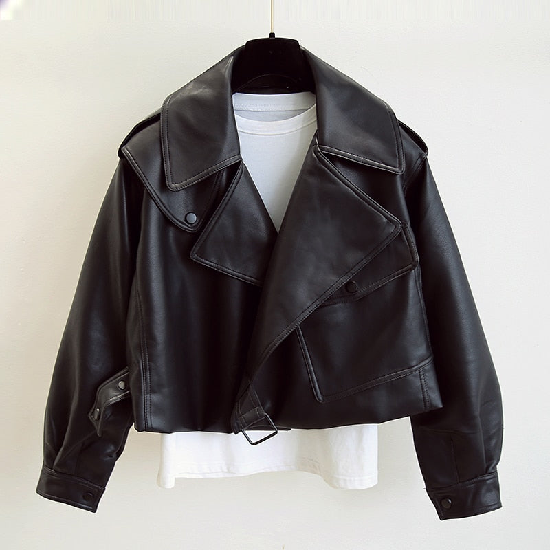 Women's Cropped Jacket with Wide Lapels and Hem Belt in Black