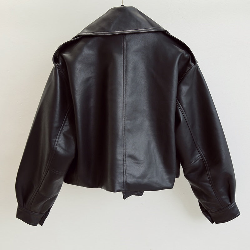 Women's Cropped Jacket with Wide Lapels and Hem Belt in Black