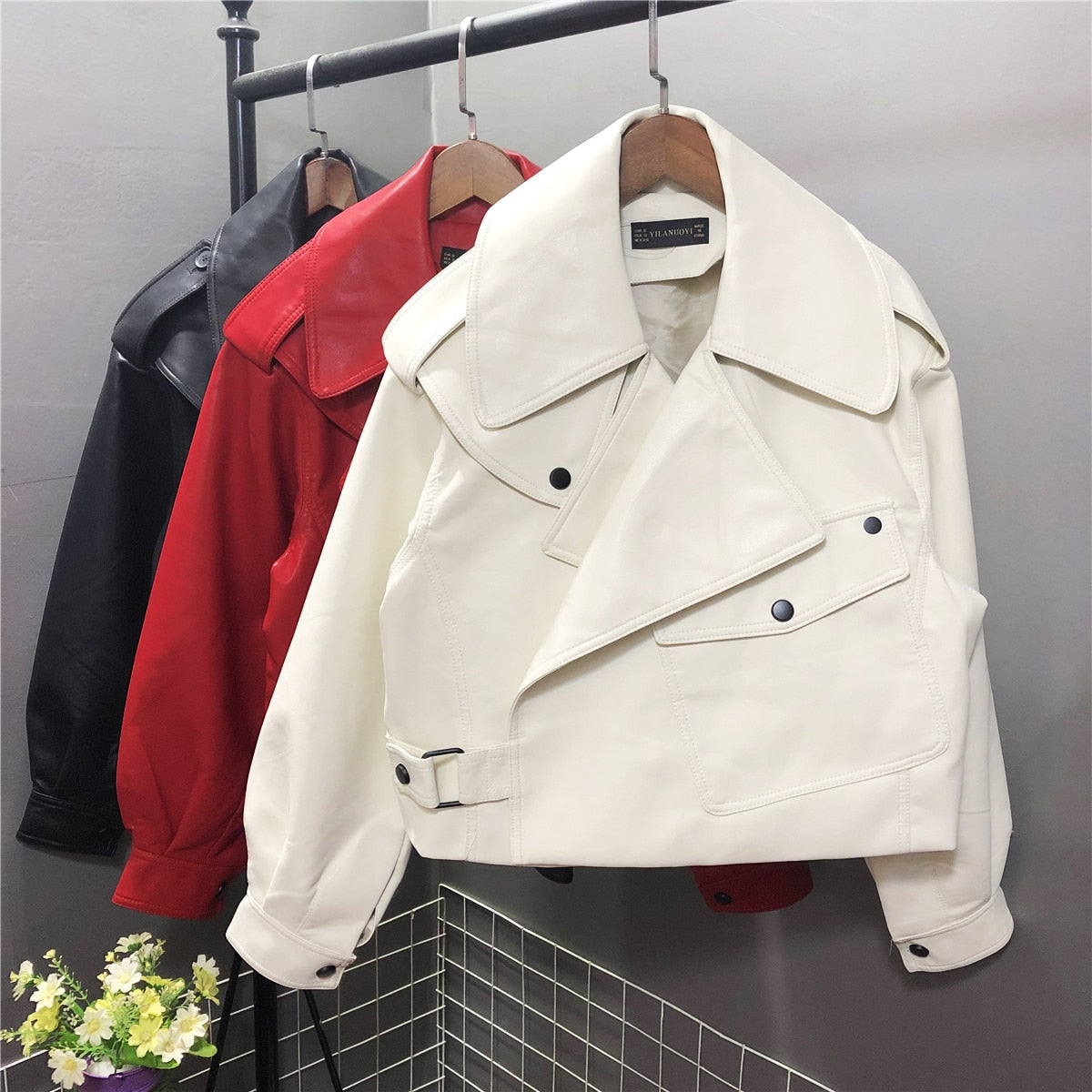 Women's Cropped Jacket with Wide Lapels and Hem Belt in Beige