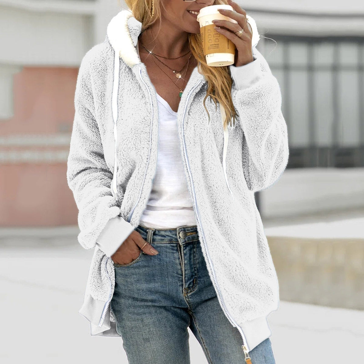 Women's Long Fluffy Jacket with Drawstring Hood and Zip in White