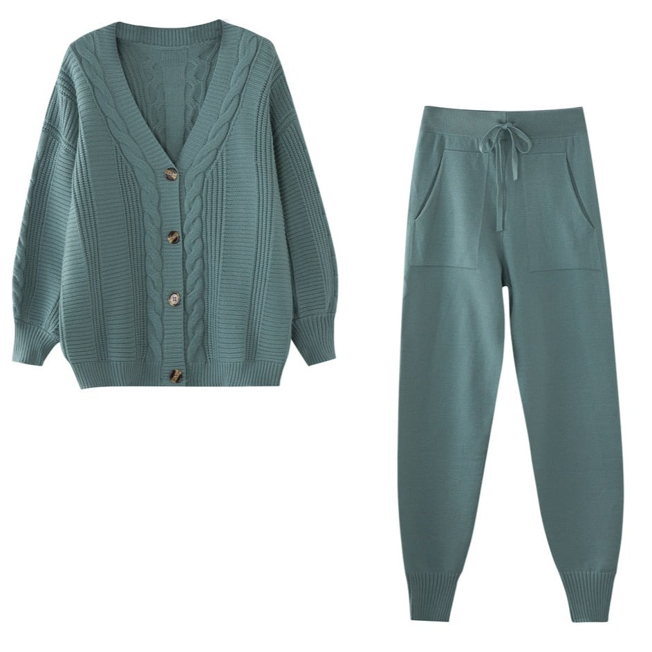 Women's Knit Set with Buttoned Cable Cardigan and Trousers in Dark Green