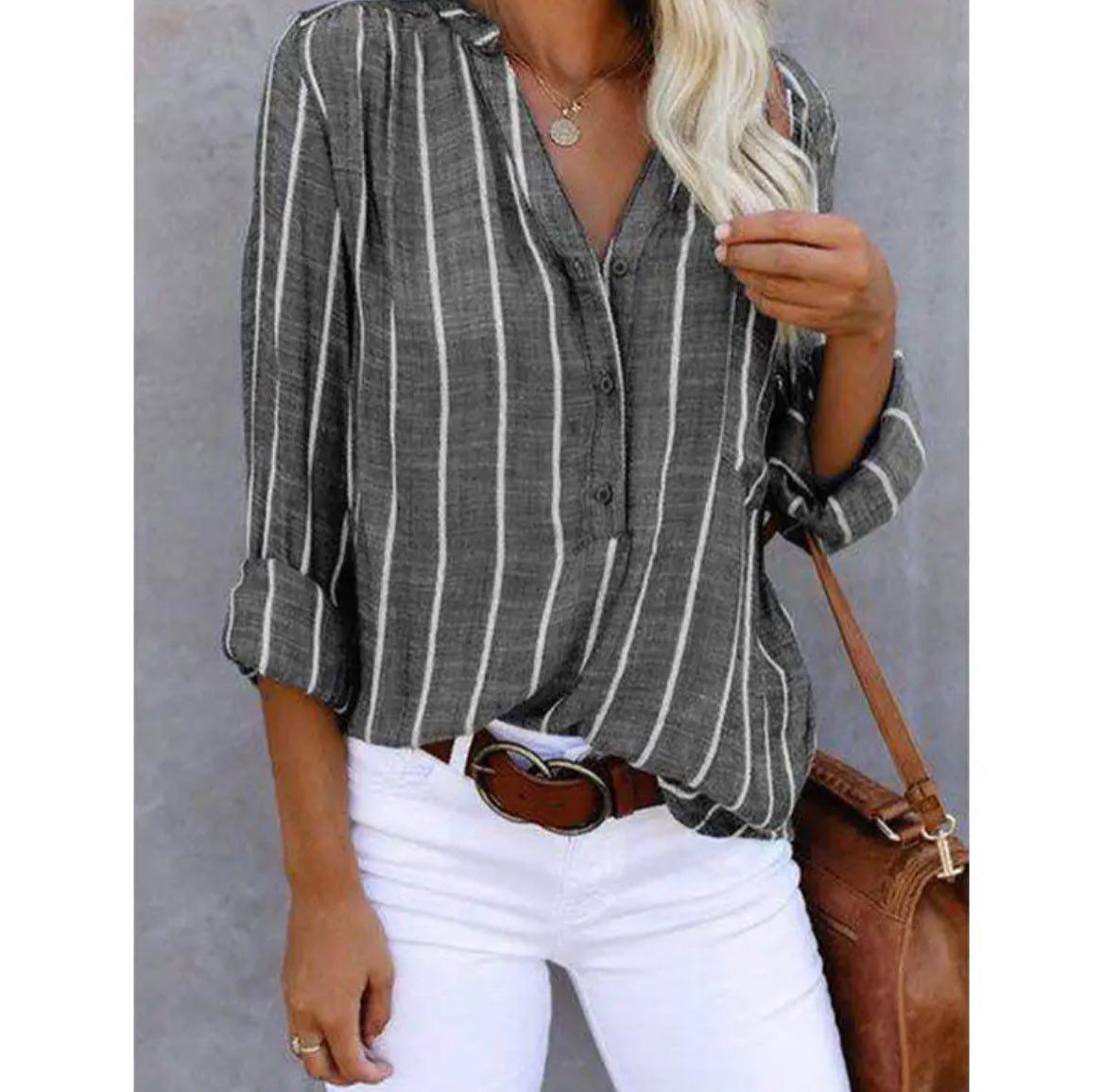 Women's Vertical Stripe Blouse with Band Collar and Chest Pocket in Grey