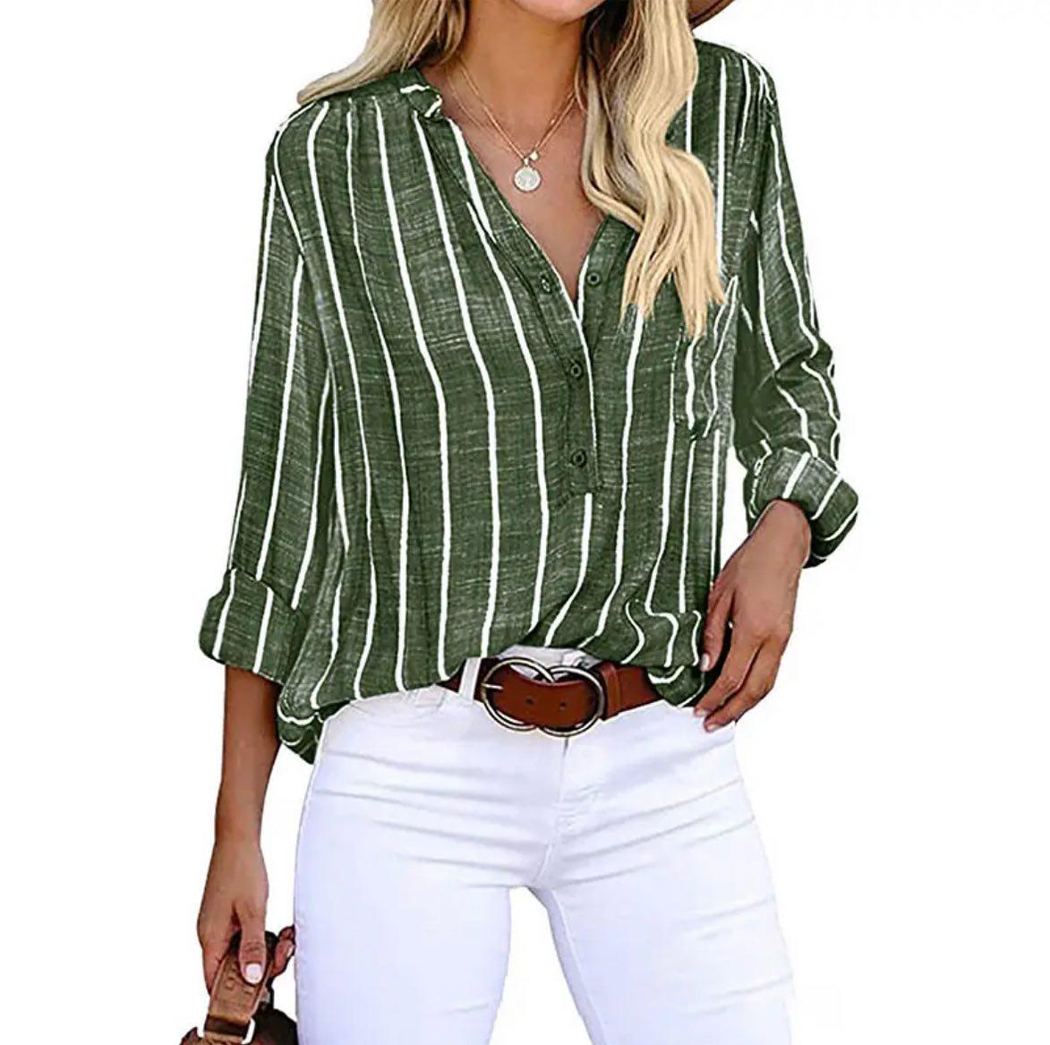 Women's Vertical Stripe Blouse with Band Collar and Chest Pocket in Green