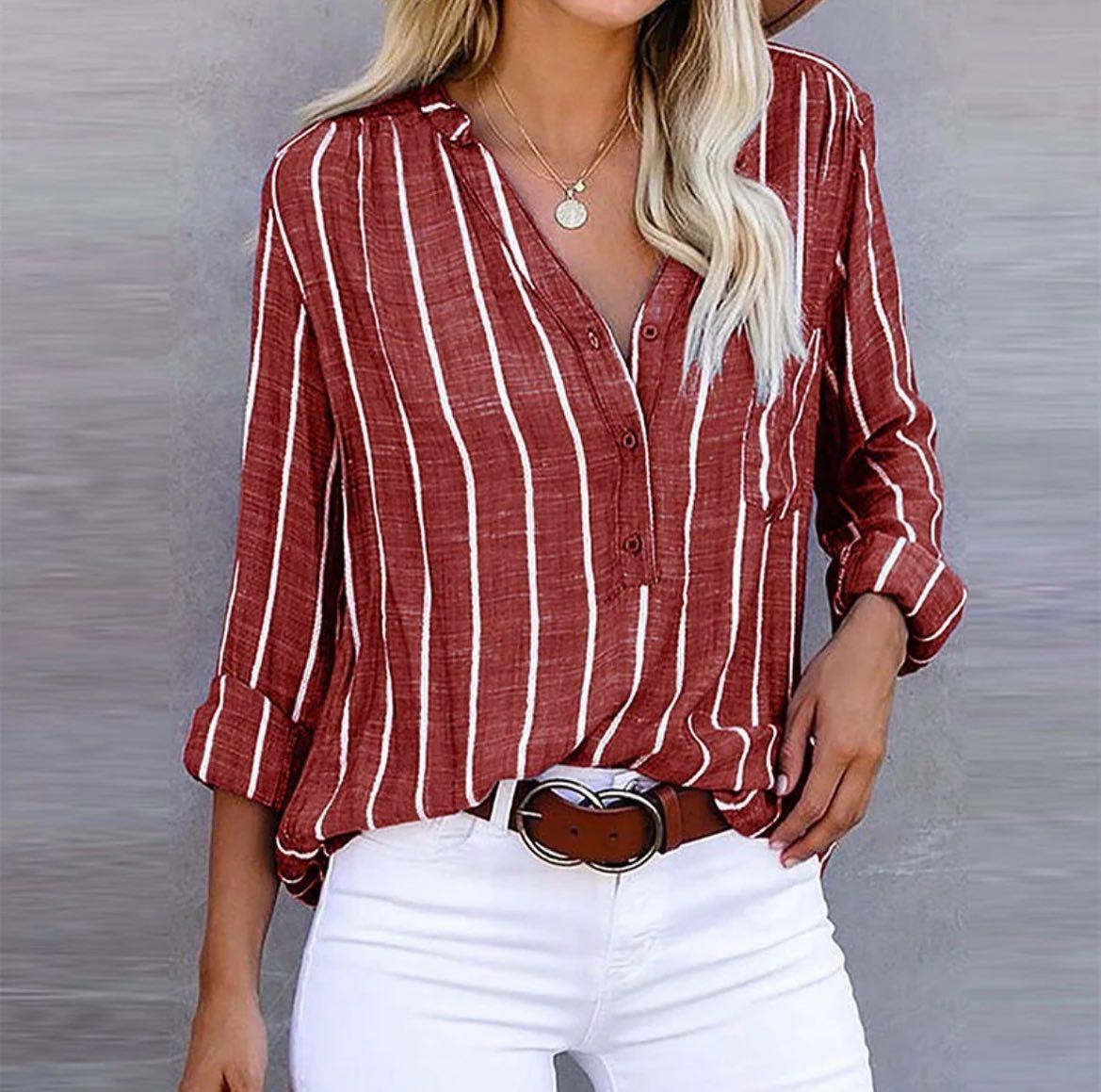 Women's Vertical Stripe Blouse with Band Collar and Chest Pocket in Red