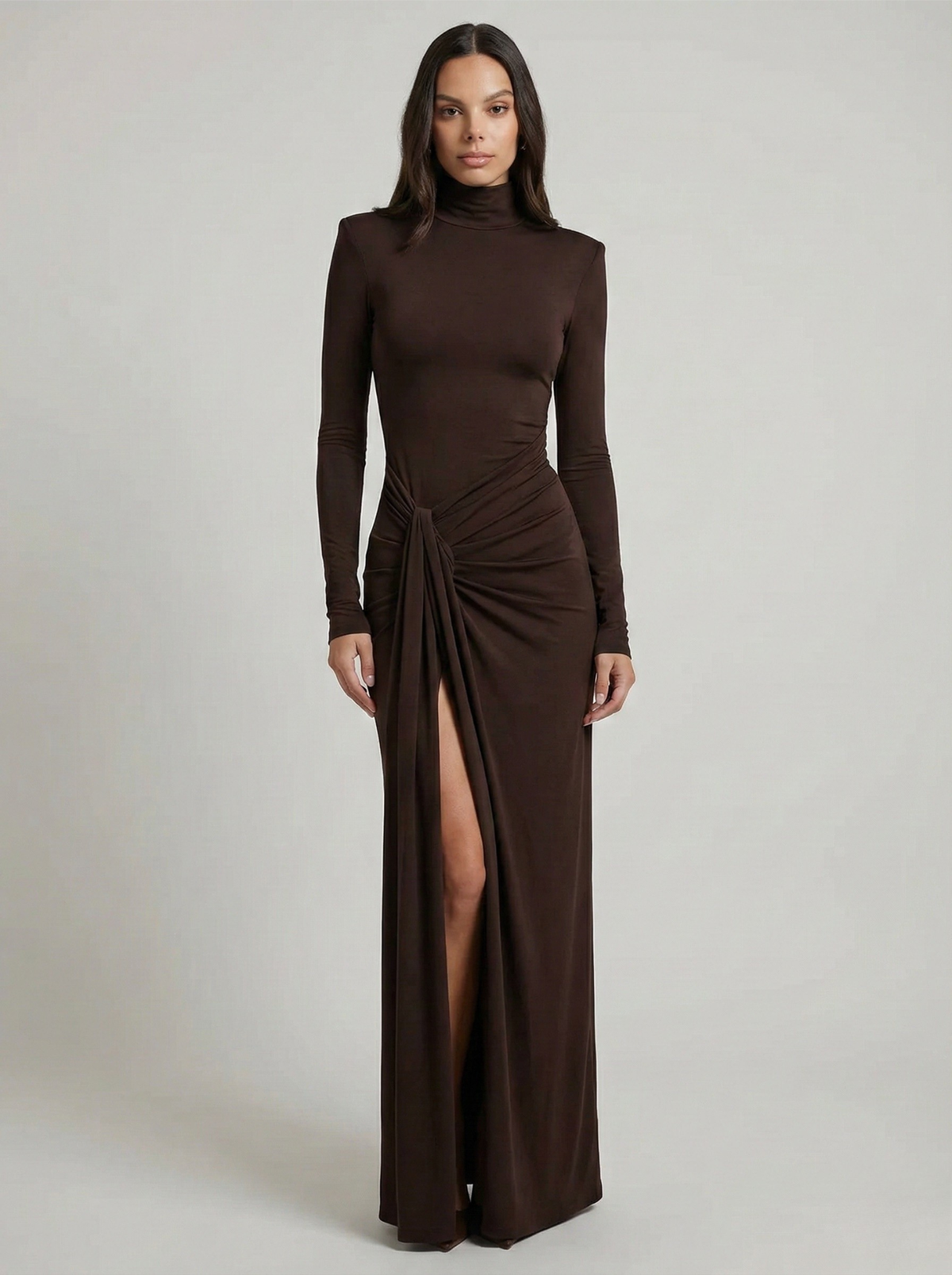 Women's Maxi Dress with Turtleneck, Side Ruching and Front Slit in Brown