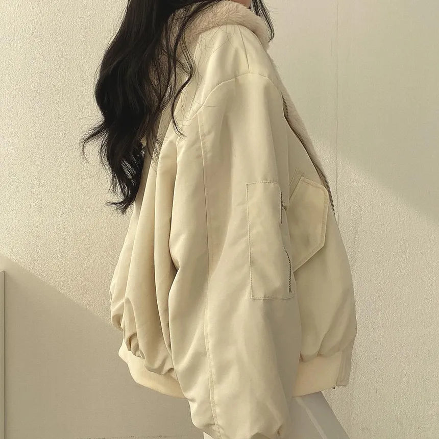 Women's Reversible Bomber Jacket with Soft Lining and Zip in Beige
