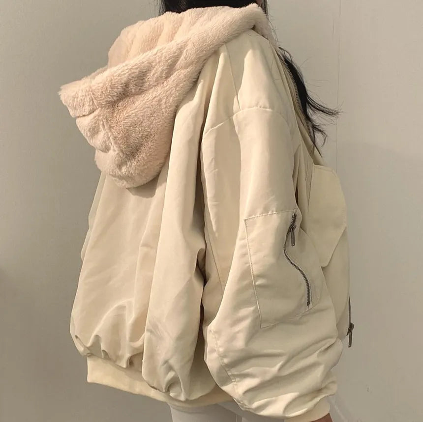 Women's Reversible Bomber Jacket with Soft Lining and Zip in Beige