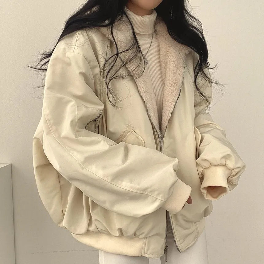 Women's Reversible Bomber Jacket with Soft Lining and Zip in Beige