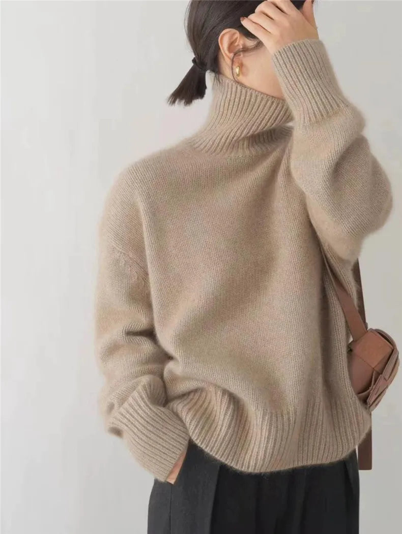 Women's High Roll-Neck Jumper with Ribbed Trims in Khaki