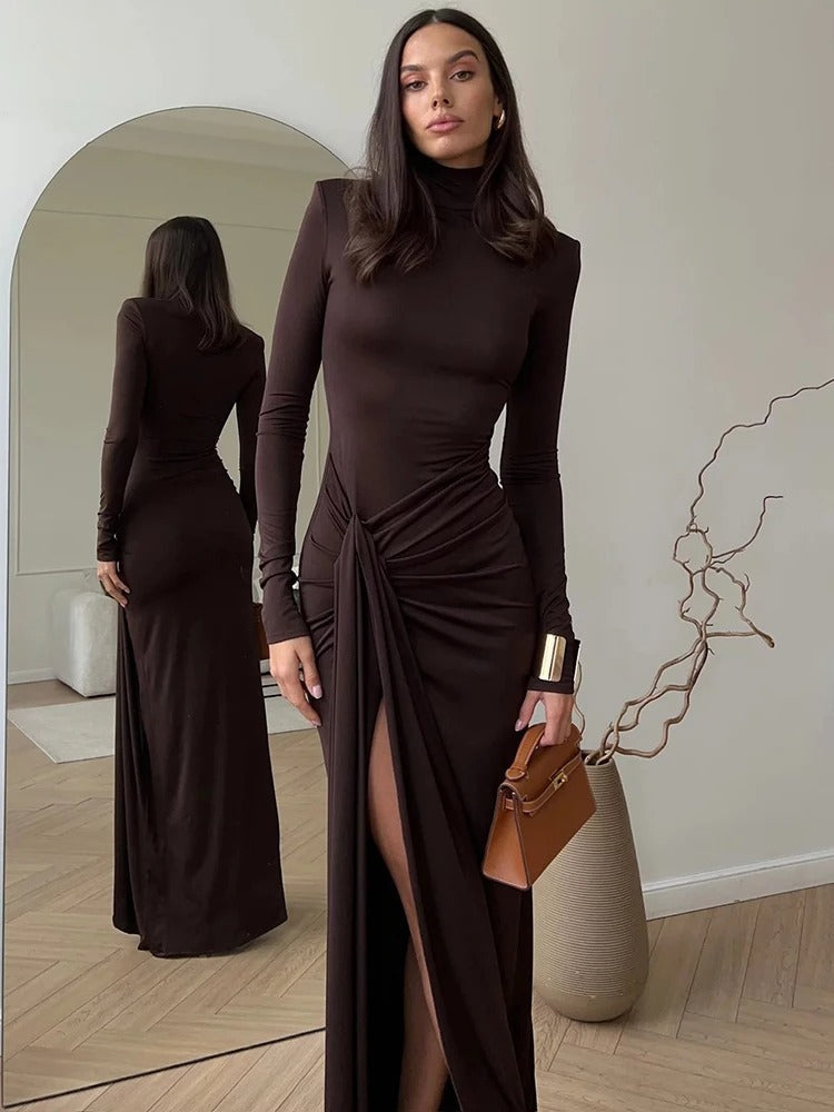 Women's Maxi Dress with Turtleneck, Side Ruching and Front Slit in Brown