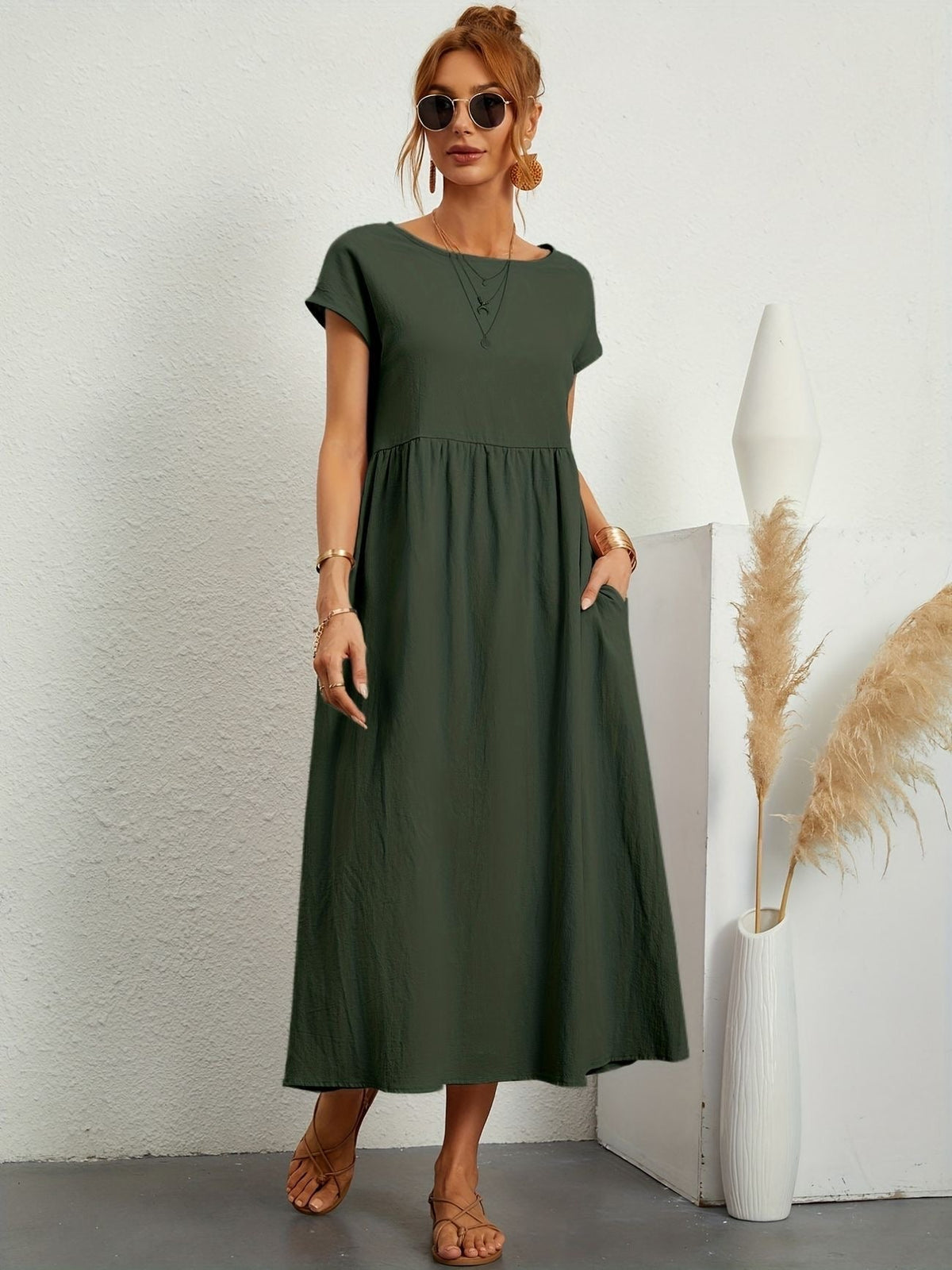 Women's Short-Sleeve Midi Dress with Pockets and Gathered Skirt in Olive