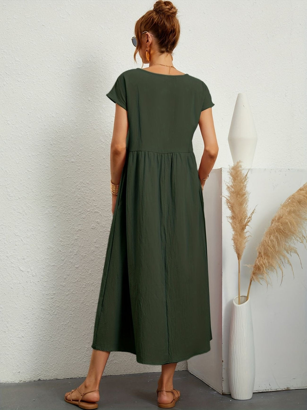 Women's Short-Sleeve Midi Dress with Pockets and Gathered Skirt in Olive