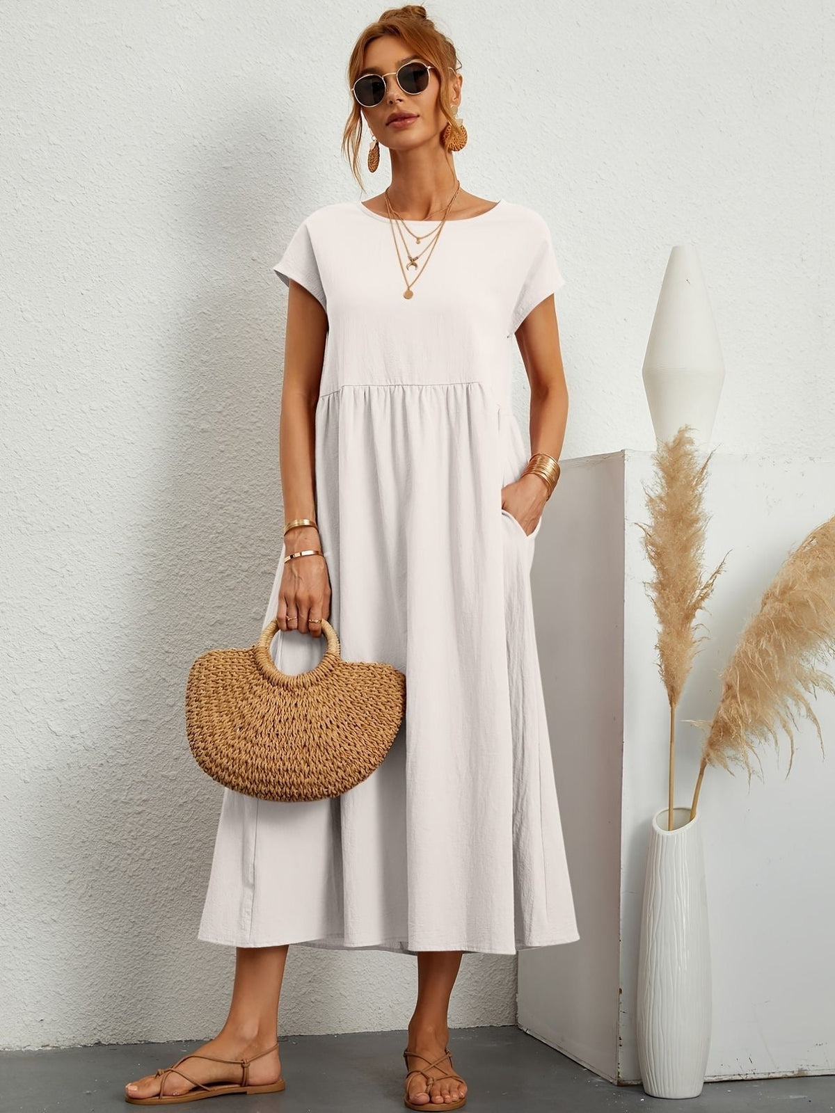 Women's Short-Sleeve Midi Dress with Pockets and Gathered Skirt in White