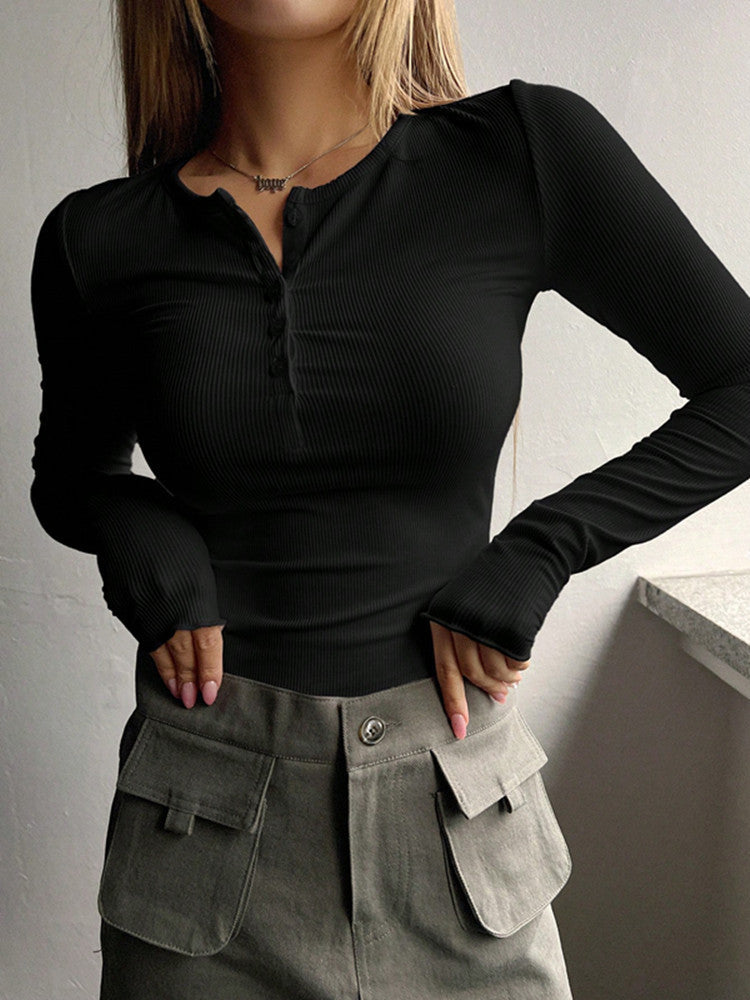 Women's Ribbed Knit Top with Buttoned Round Neckline in Black