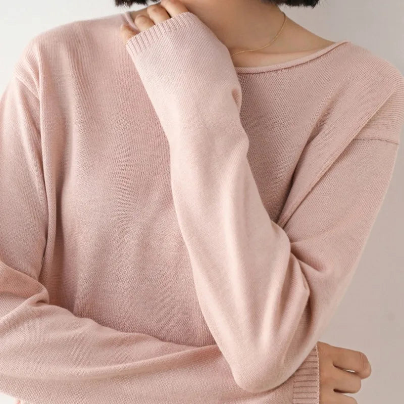 Women's Jumper with Wide Round Neckline and Rolled Edge in Pink