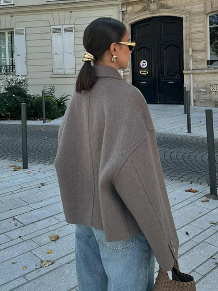 Women's Taupe Oversized Coat with Collar and Button Front in Taupe