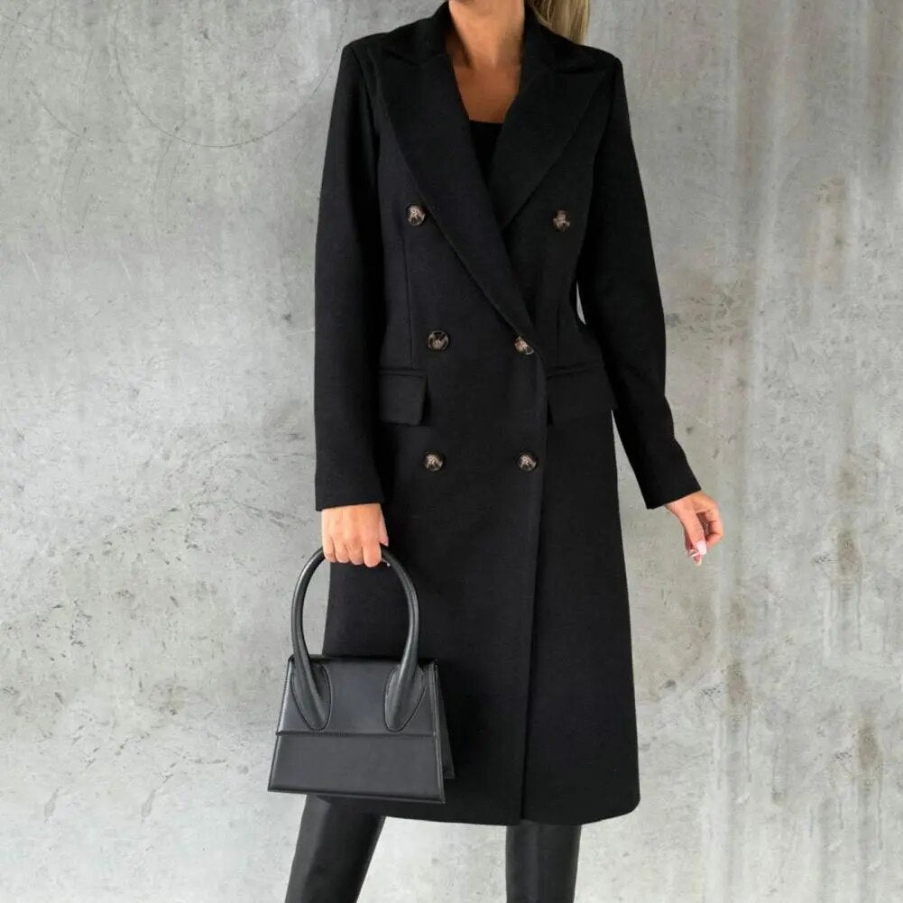 Women's Double-Breasted Coat with Lapels, Below-Knee Length in Black