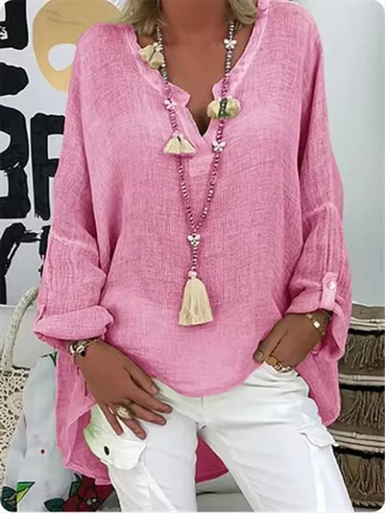 Women's Relaxed Tunic Blouse with V-Neck and Roll-Up Sleeves in Pink