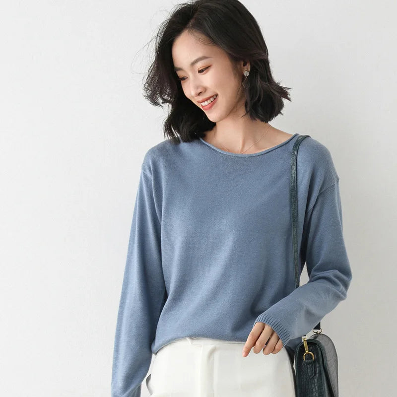 Women's Jumper with Wide Round Neckline and Rolled Edge in Blue