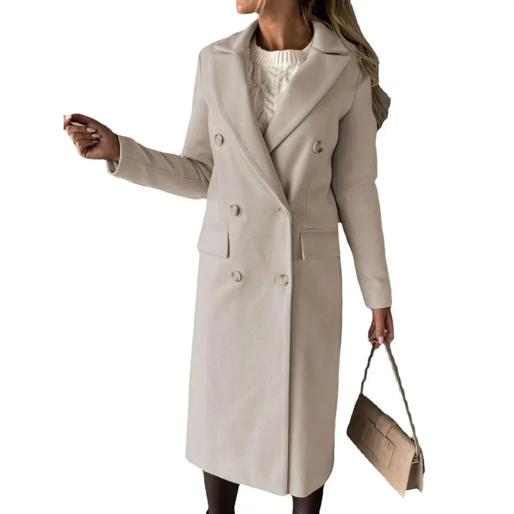 Women's Double-Breasted Coat with Lapels, Below-Knee Length in Beige