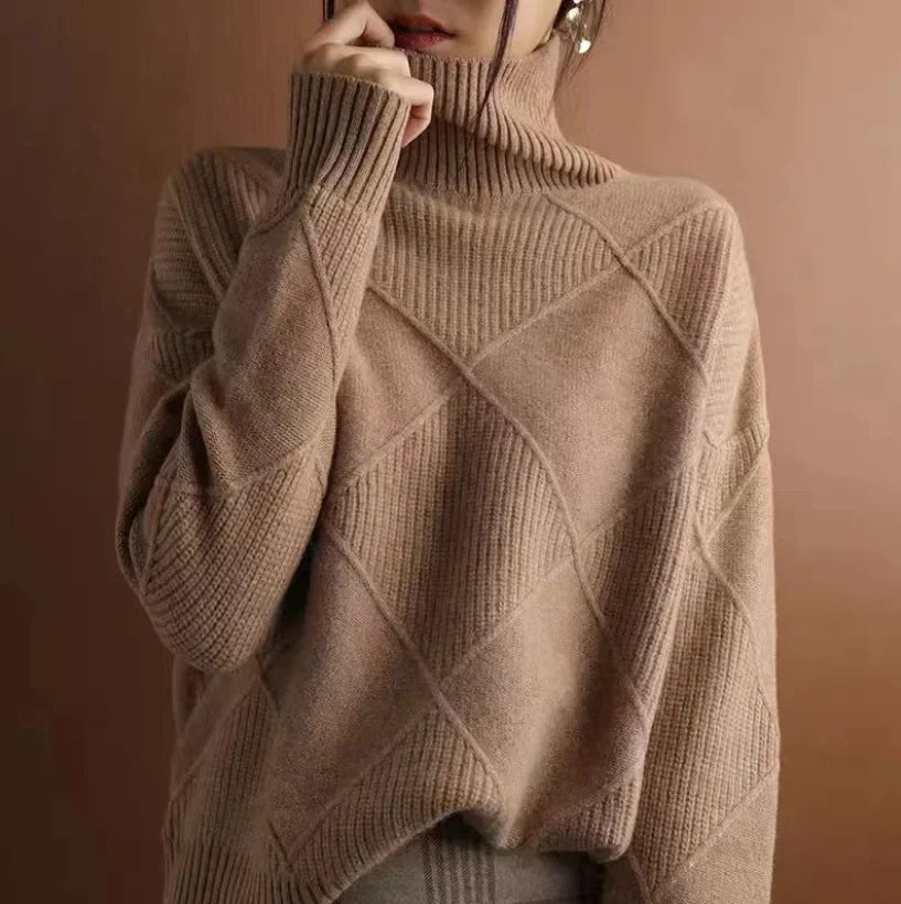 Women's Roll-Neck Jumper with Geometric Diamond Pattern in Coffee
