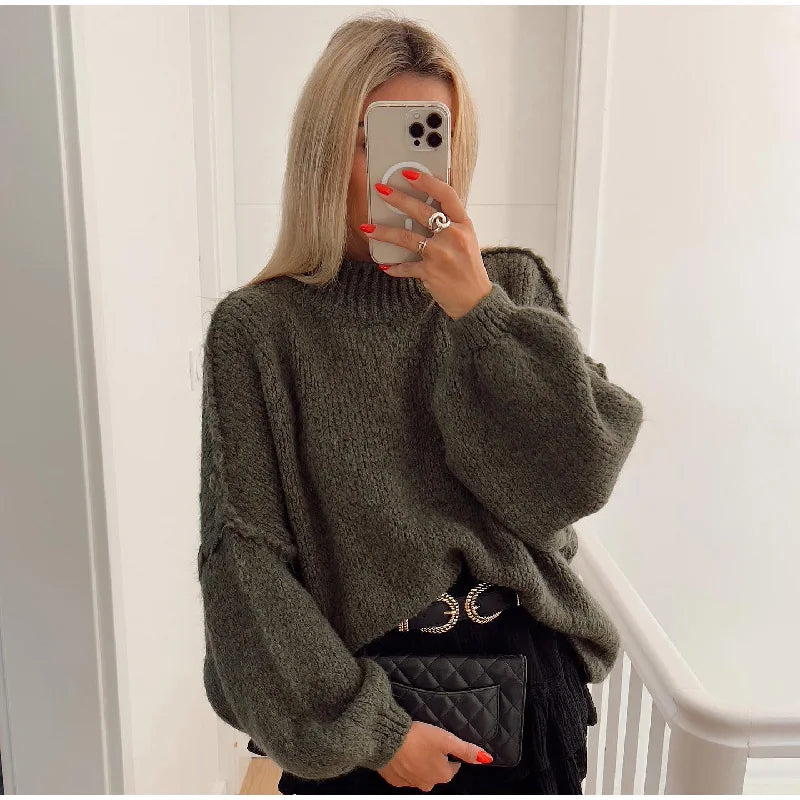 Women's Oversized Jumper with Wide Balloon Sleeves in Green