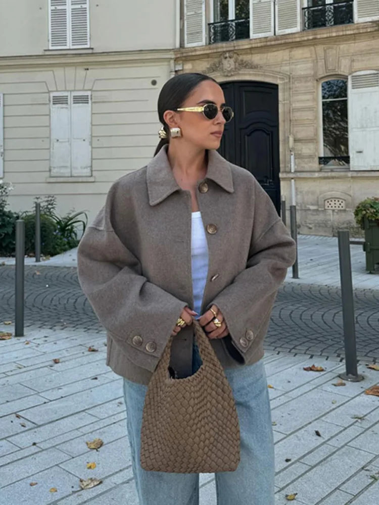 Women's Taupe Oversized Coat with Collar and Button Front in Taupe