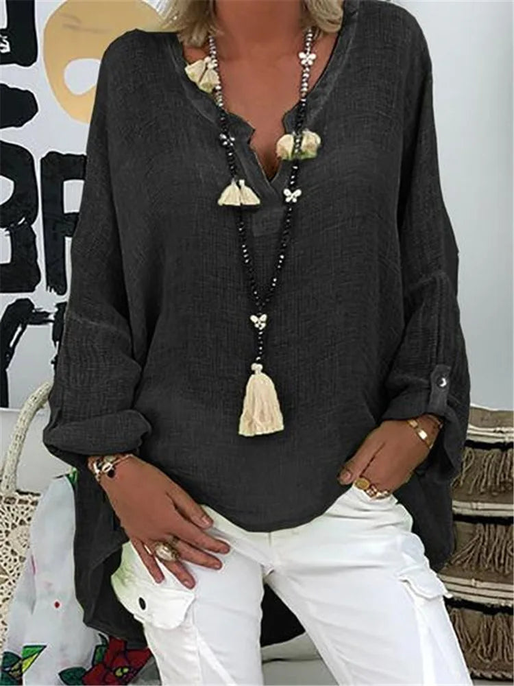 Women's Relaxed Tunic Blouse with V-Neck and Roll-Up Sleeves in Black