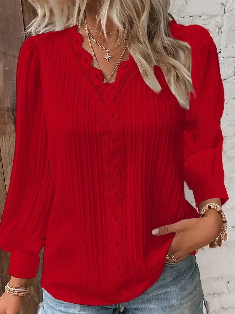 Women's Lace Trim V-Neck Blouse with Puff Sleeves in Red