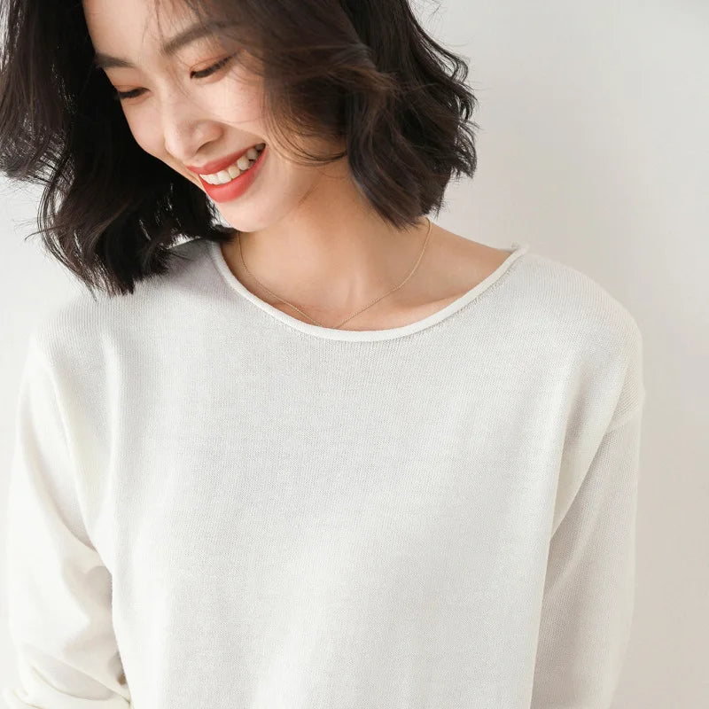 Women's Jumper with Wide Round Neckline and Rolled Edge in Ivory