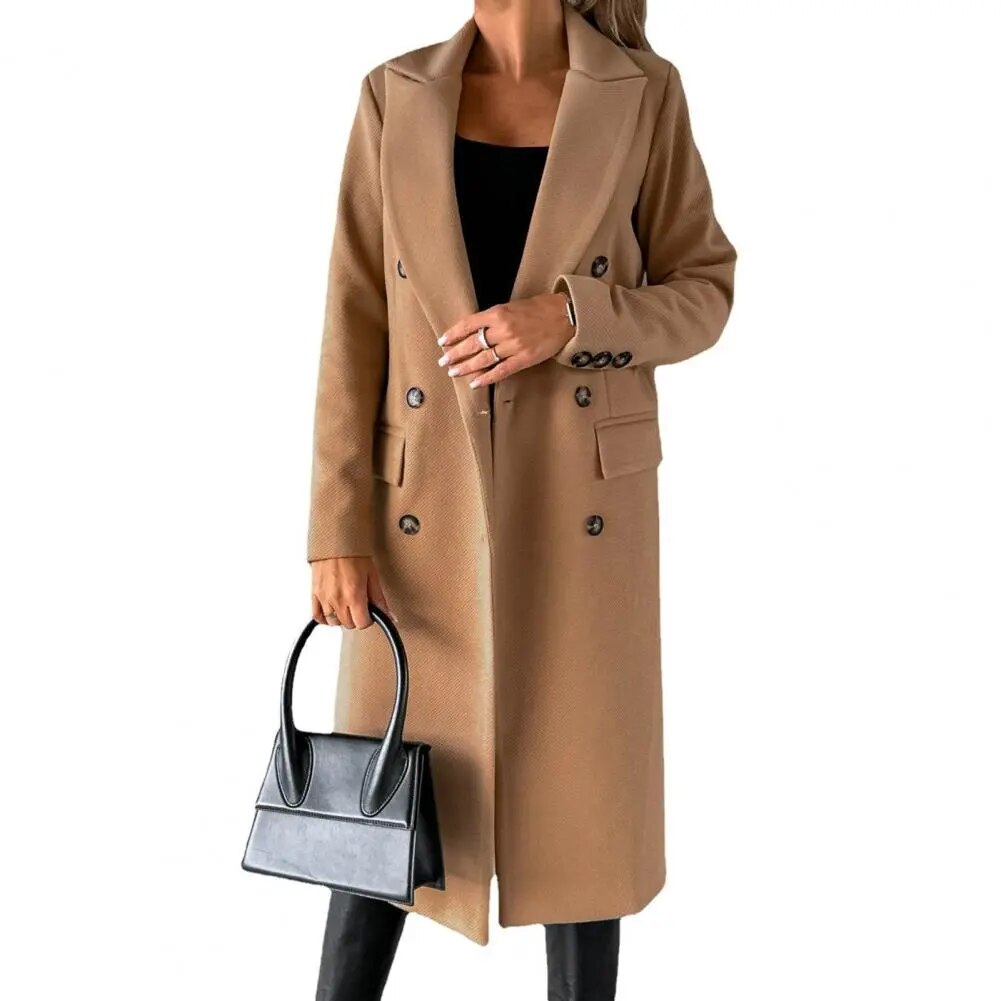 Women's Double-Breasted Coat with Lapels, Below-Knee Length in Khaki