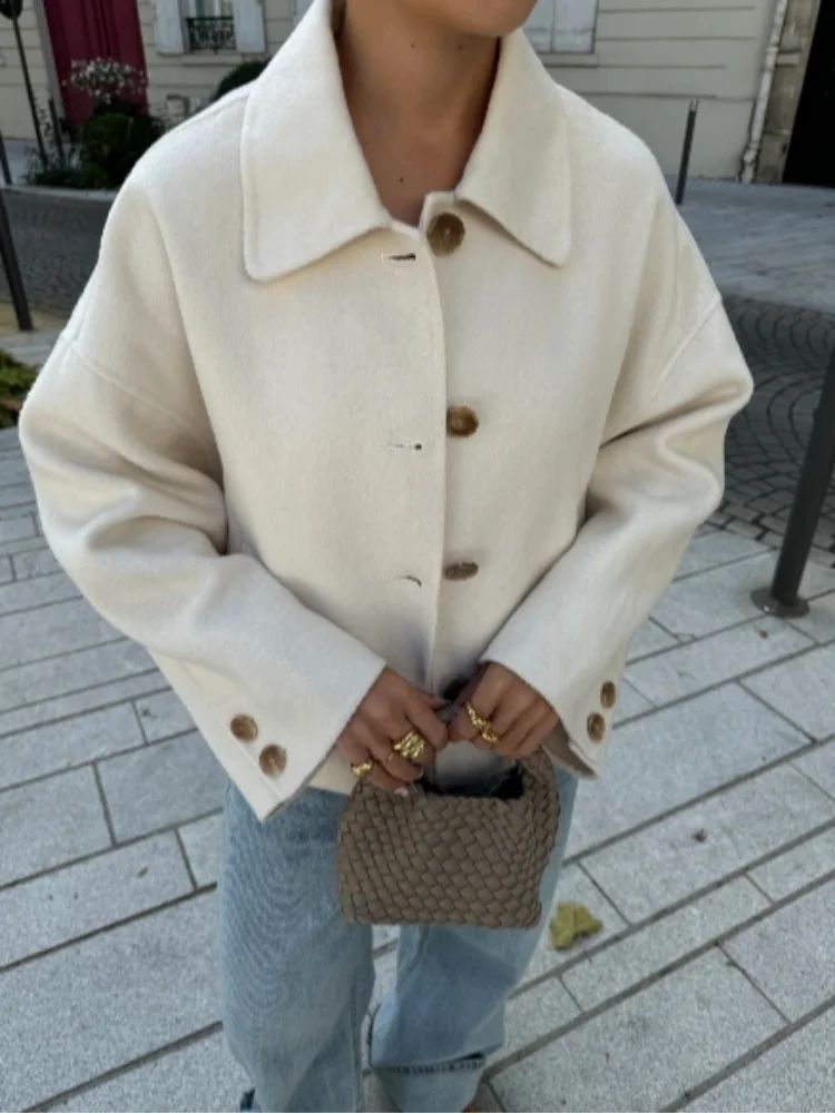 Women's Taupe Oversized Coat with Collar and Button Front in Taupe