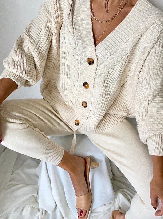 Women's Knit Set with Buttoned Cable Cardigan and Trousers in Beige