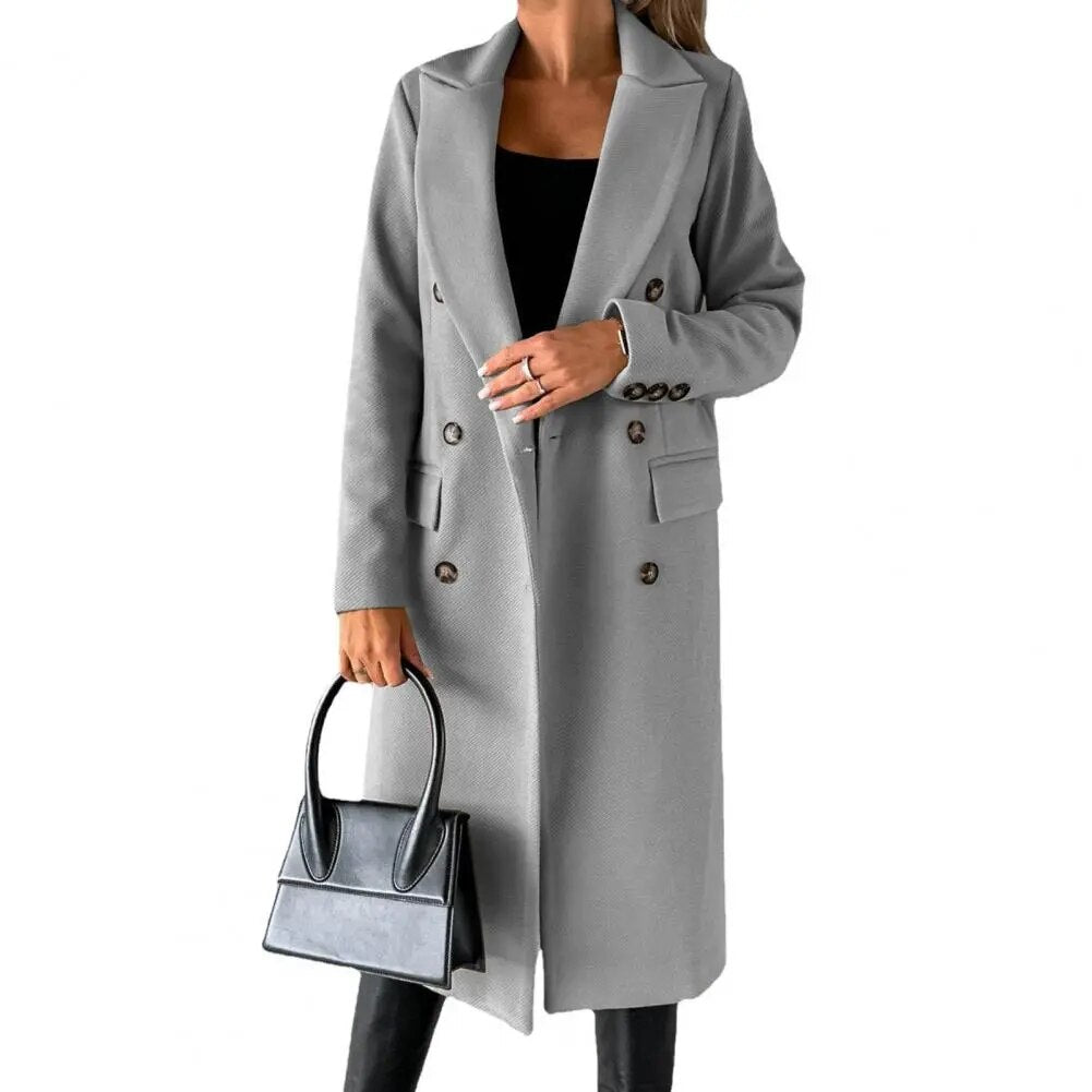 Women's Double-Breasted Coat with Lapels, Below-Knee Length in Grey