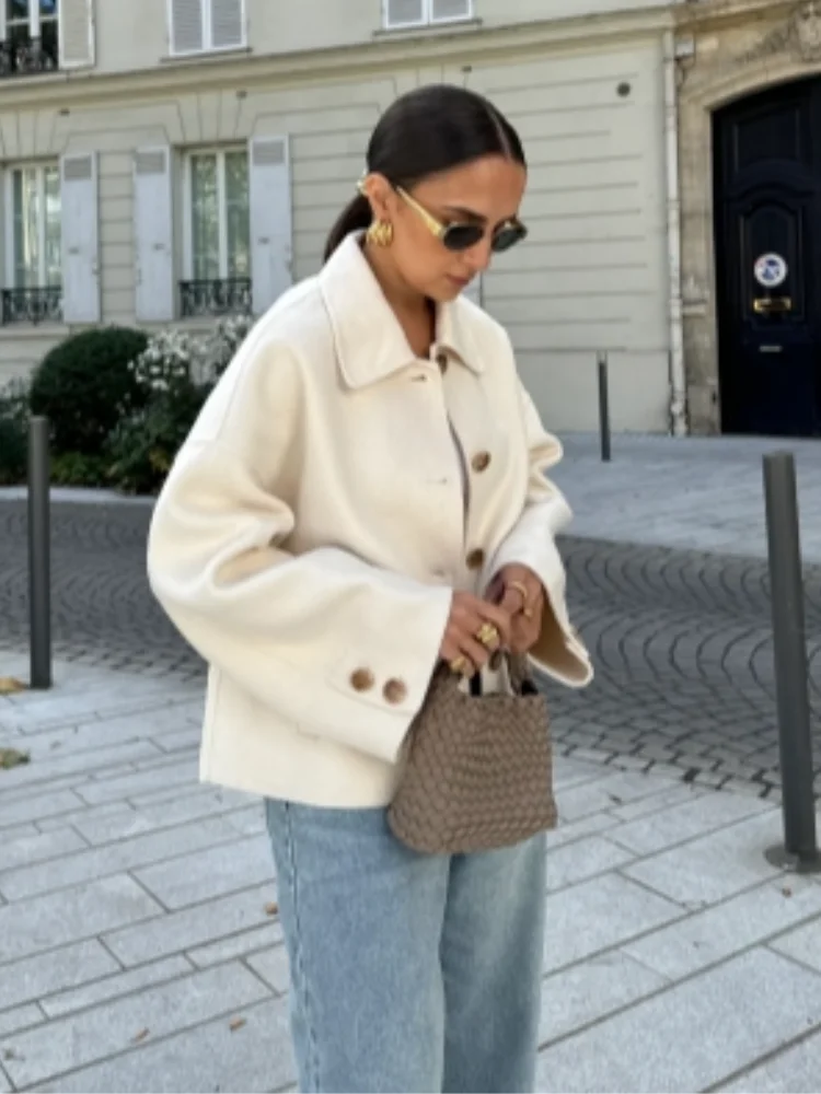 Women's Taupe Oversized Coat with Collar and Button Front in Taupe