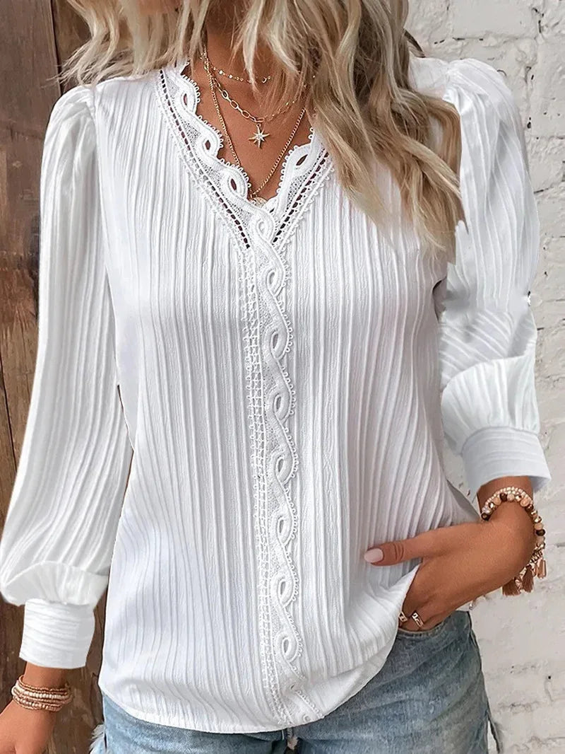 Women's Lace Trim V-Neck Blouse with Puff Sleeves in White