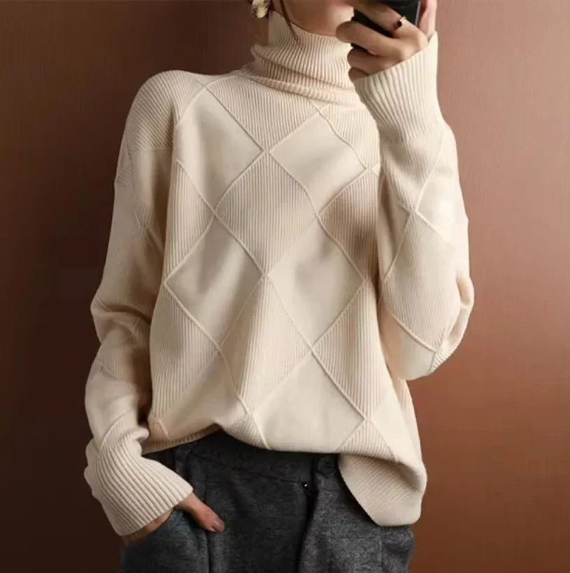 Women's Roll-Neck Jumper with Geometric Diamond Pattern in Beige