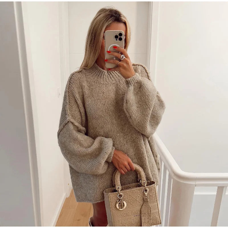 Women's Oversized Jumper with Wide Balloon Sleeves in Khaki